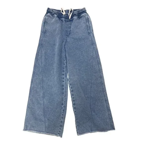 Aerie Soft Landing Trousers Blue Wide Leg Seamed Front Raw Hem XS Short - Picture 2 of 10